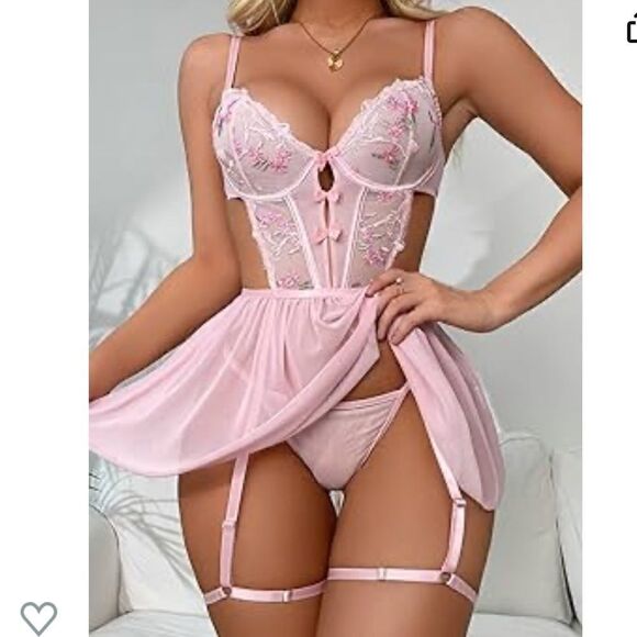 New Sexy Floral Embroidery Mesh Split Cut Out Lingerie Dress with G String - Picture 3 of 16